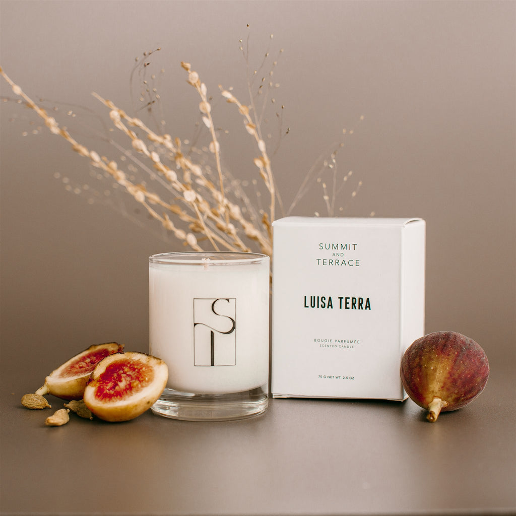 Luisa Terra Muse Votive Candle in glass vessel with notes of cedarwood, jasmine, and fig, styled for small sanctuaries.
