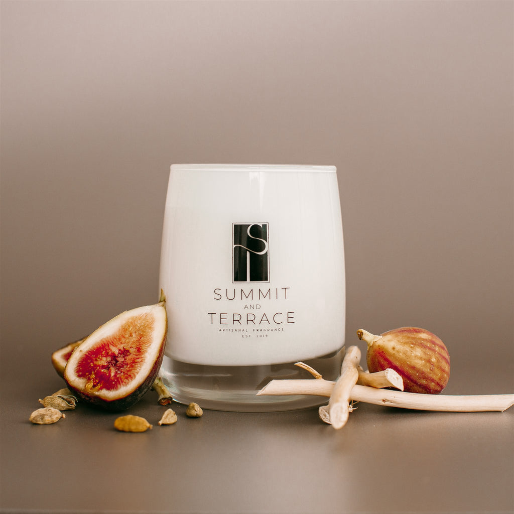 Luisa Terra Muse Classic Candle in white gloss glass vessel with notes of cedarwood, jasmine, and fig, styled for everyday home use.