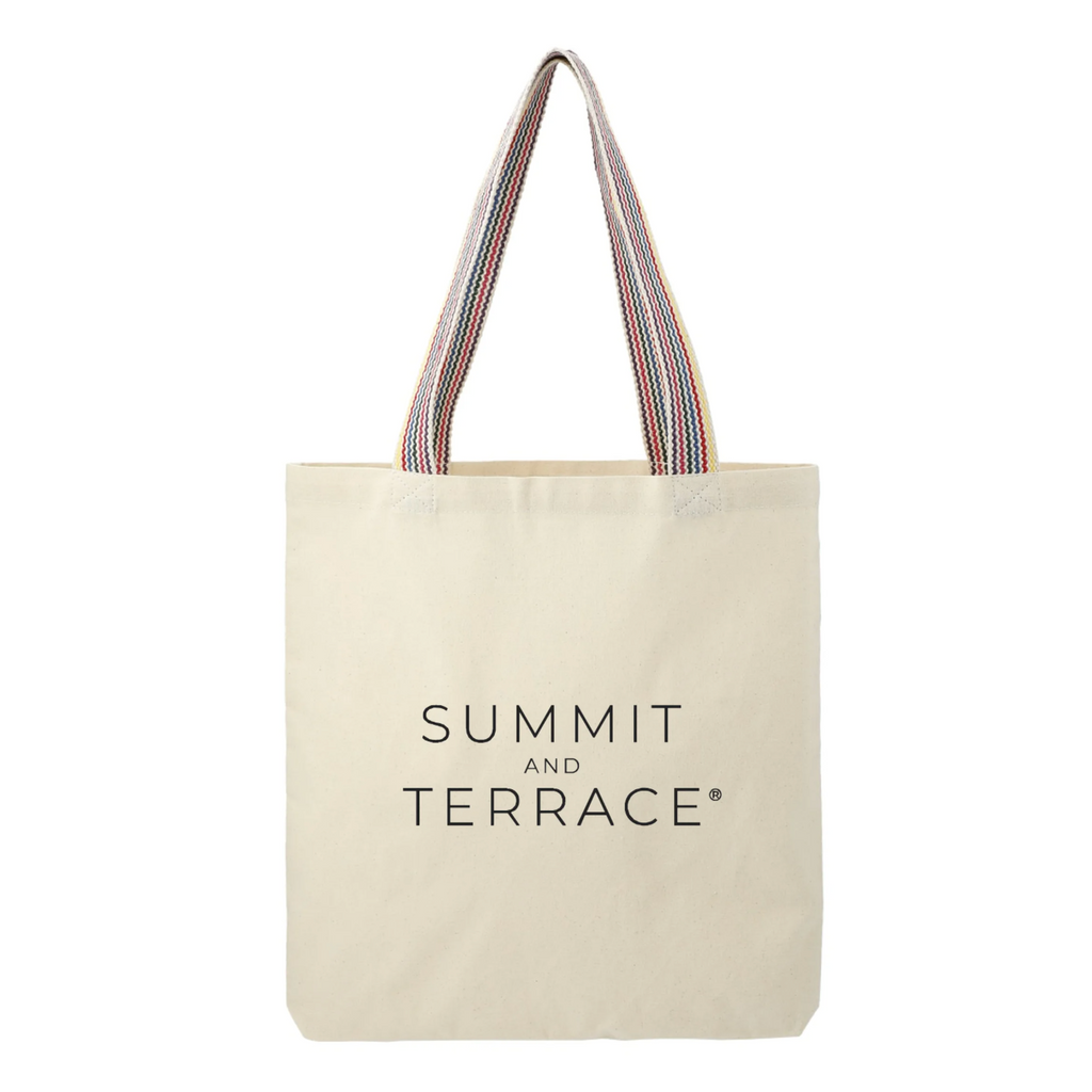 Beige tote bag with 'Summit and Terrace' logo and Rainbow Handles